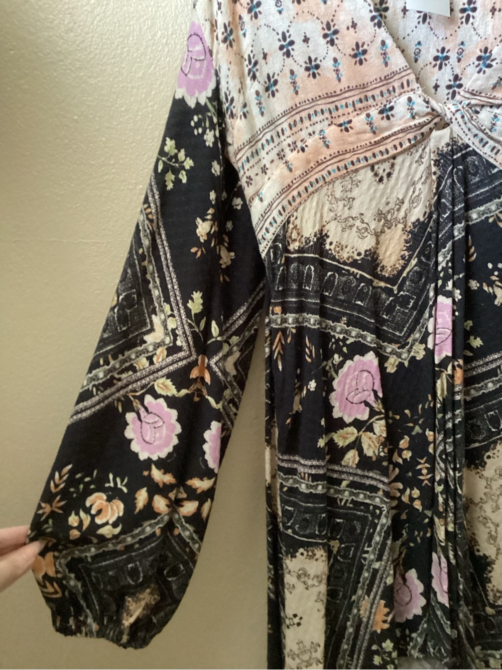 Free People Patchwork Floral V-Neck Tunic - Pink & Black